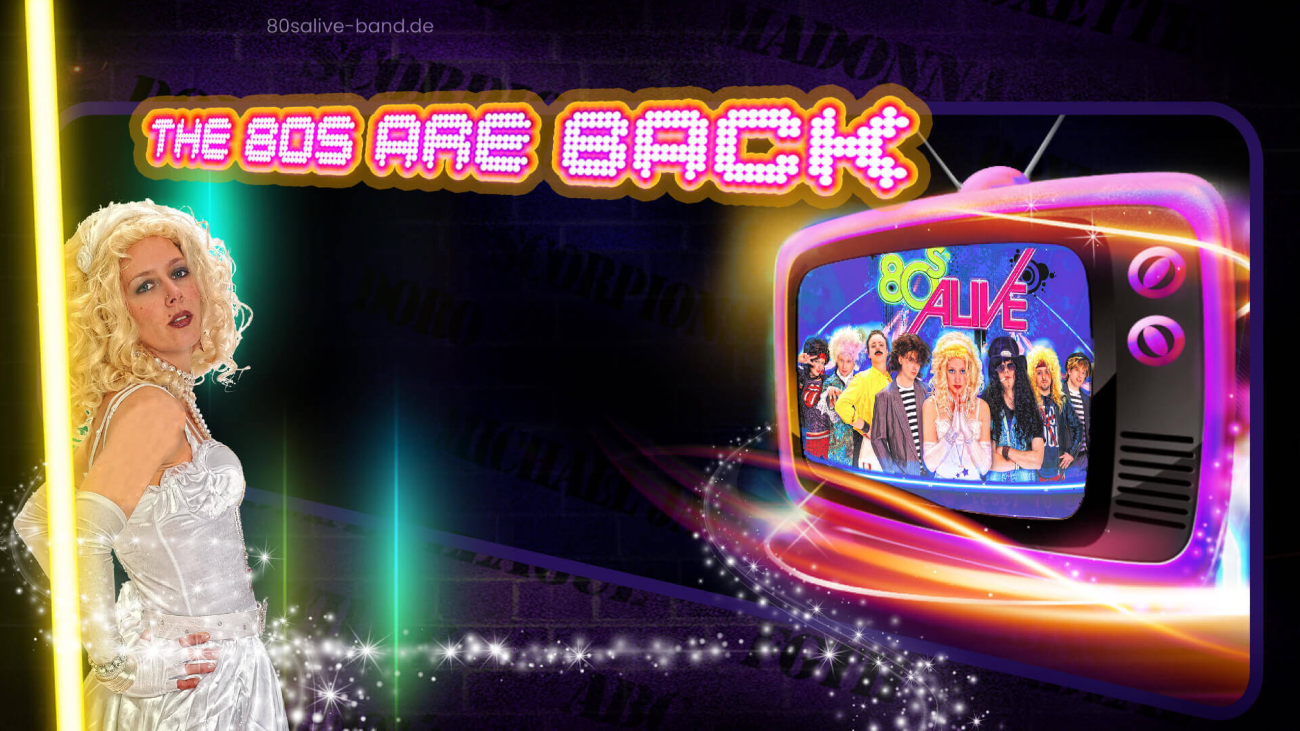 80S ALIVE 80ER JAHRE TRIBUTE BAND EPK, „80sALIVE“ die 80er-Jahre Legenden-Tribute-Show Der Showact mit Retro-Flair wird moderiert von „Mickie Sixx“. Eine „Back to the 80s“ Party im Originallook der Stars